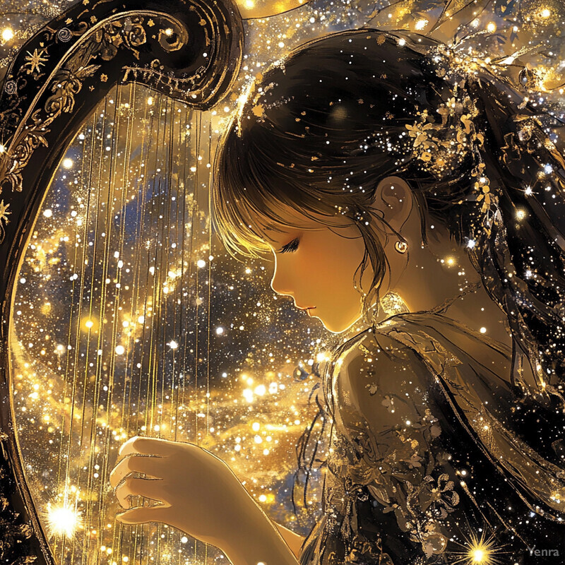 A woman plays a harp surrounded by an ethereal glow.