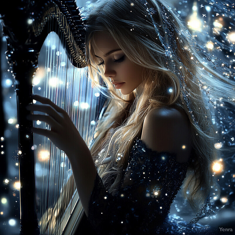 A woman with long blonde hair playing a harp in an ethereal setting