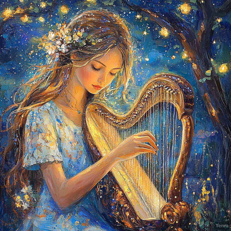 A young girl plays a harp in an outdoor setting, surrounded by trees and branches.