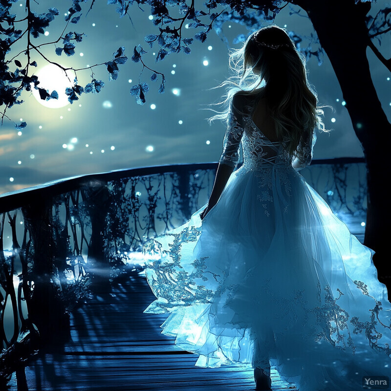 A woman in a white dress stands on a bridge at night, surrounded by trees and water.