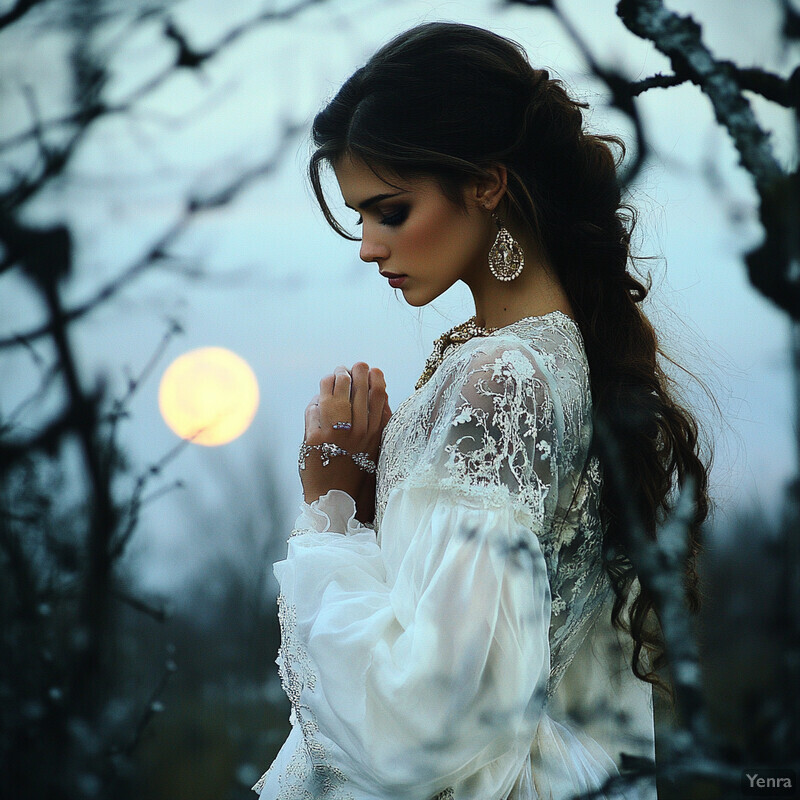 A woman in prayer, surrounded by nature