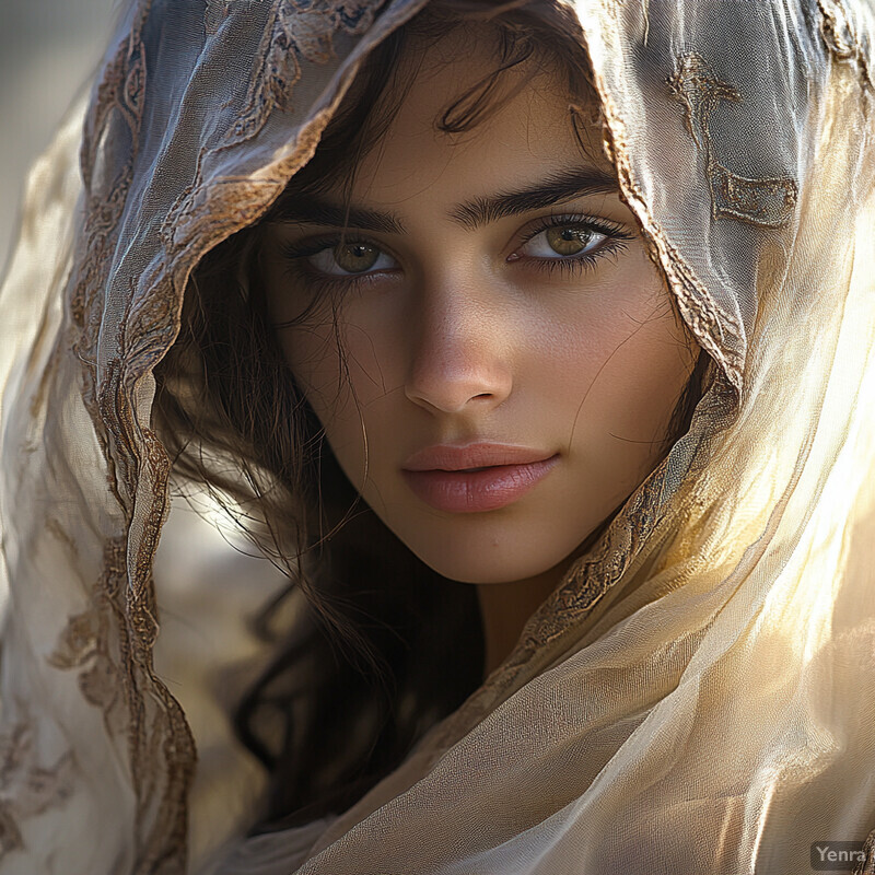 A serene portrait of a woman in a white headscarf