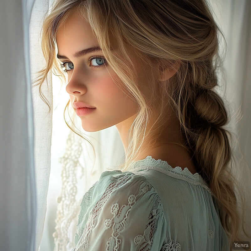 A young woman with long blonde hair and blue eyes, wearing a white dress with lace sleeves, stands in front of a blurred background that appears to be a room with large windows or French doors.