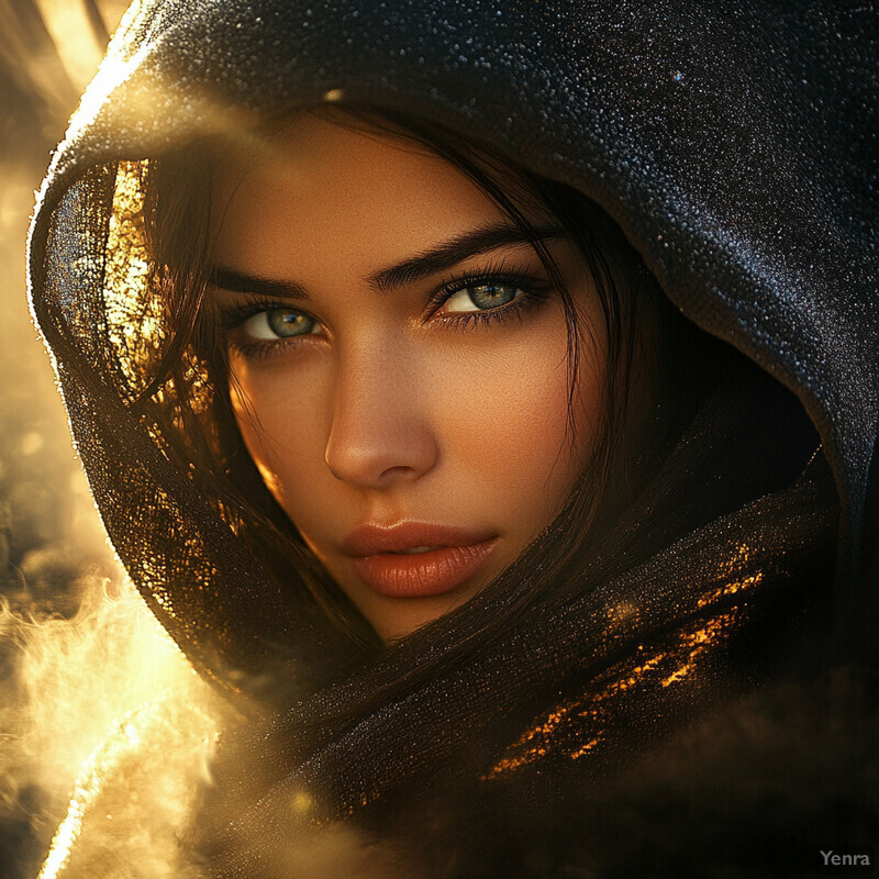 A woman with blue eyes and long brown hair wears a black hooded cloak or shawl.