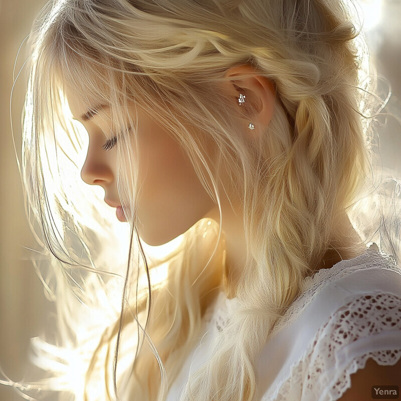 A young woman with long blonde hair in a braid, wearing a white lace top, standing in an outdoor setting.