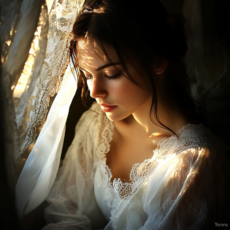 A serene and intimate moment of a woman in a white lace dress, sitting by a window with her head bowed down.