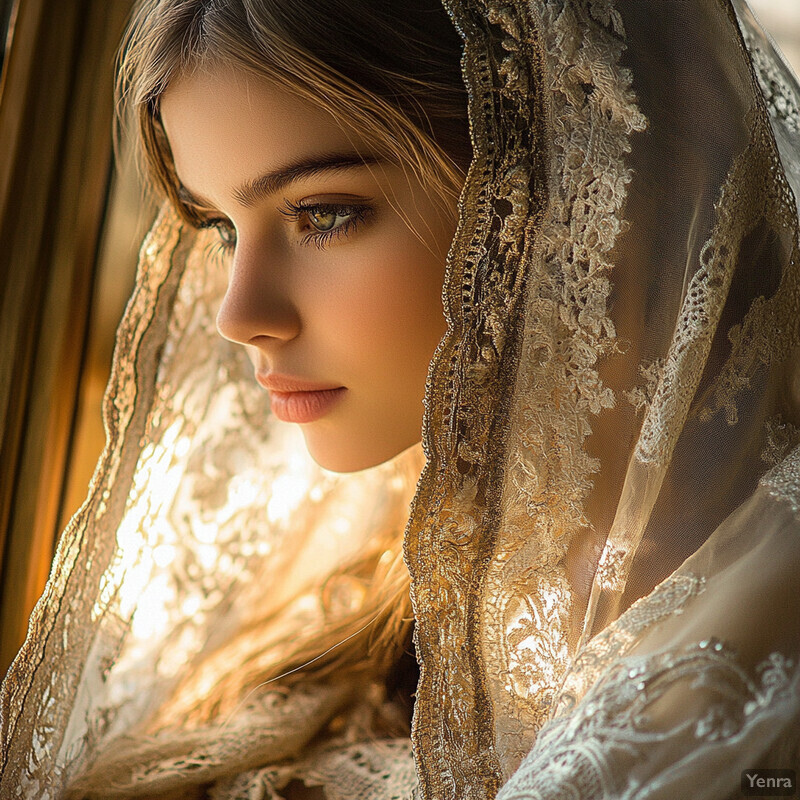 A woman in a white lace dress and veil gazes downward, exuding serenity and refinement in a soft-lit setting.