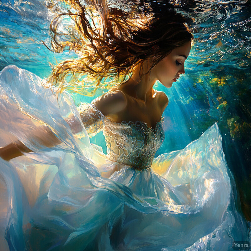 A serene scene of a woman in a flowing white dress partially submerged in water