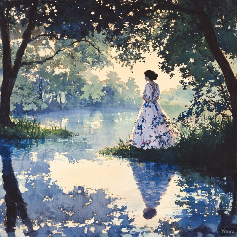 A serene and idyllic scene of a woman standing in a forest clearing