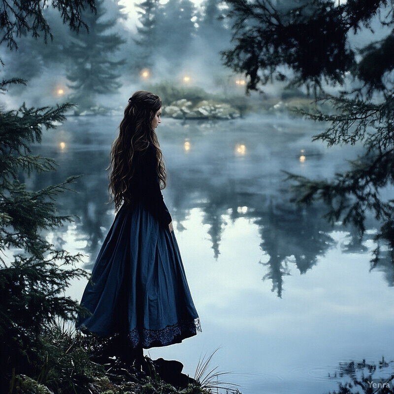 A woman stands by a lake, surrounded by trees and mist, with candles floating on the water's surface.