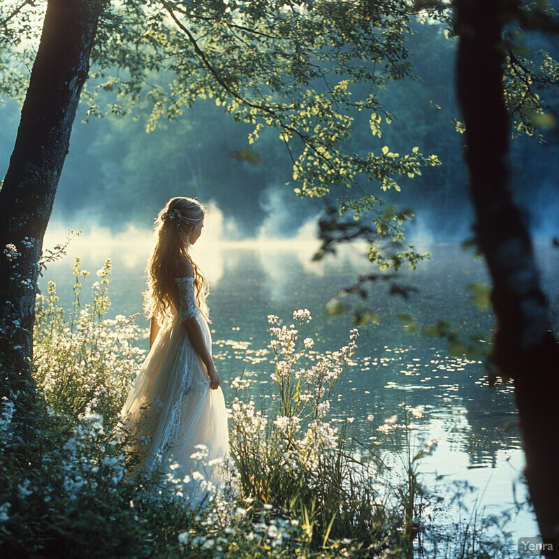 A woman stands by a lake surrounded by trees and wildflowers, wearing a white dress with lace sleeves and an off-the-shoulder design.