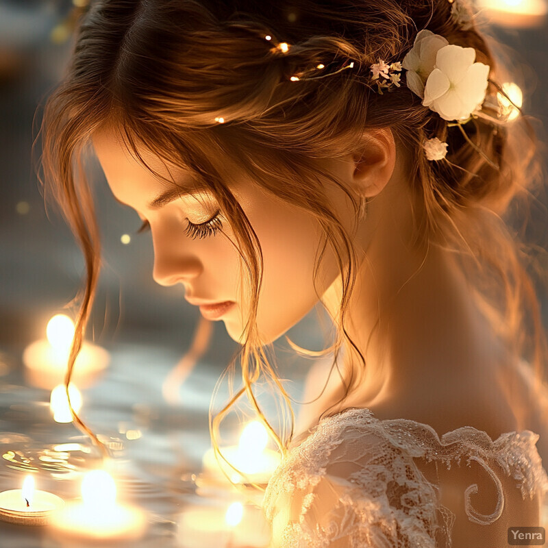 A serene and enchanting scene of a woman surrounded by candles in water, exuding peace and serenity.