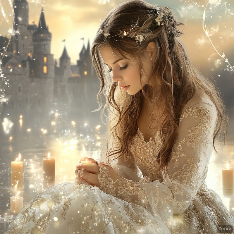 Ethereal woman in white dress with candles