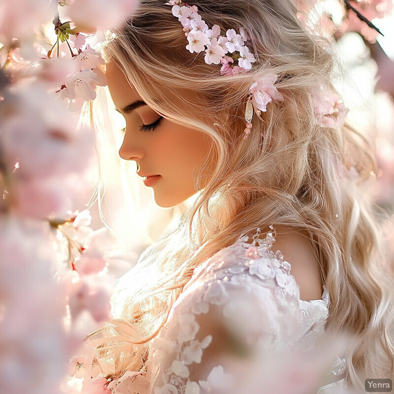 A serene portrait of a woman amidst blooming cherry blossoms