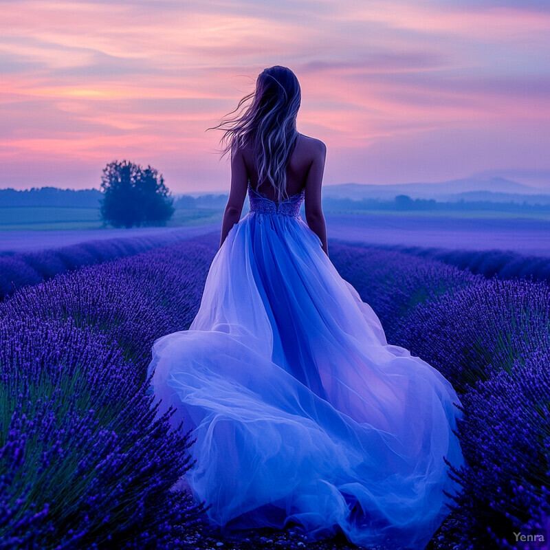 A woman in a blue dress walks through a field of lavender at sunset