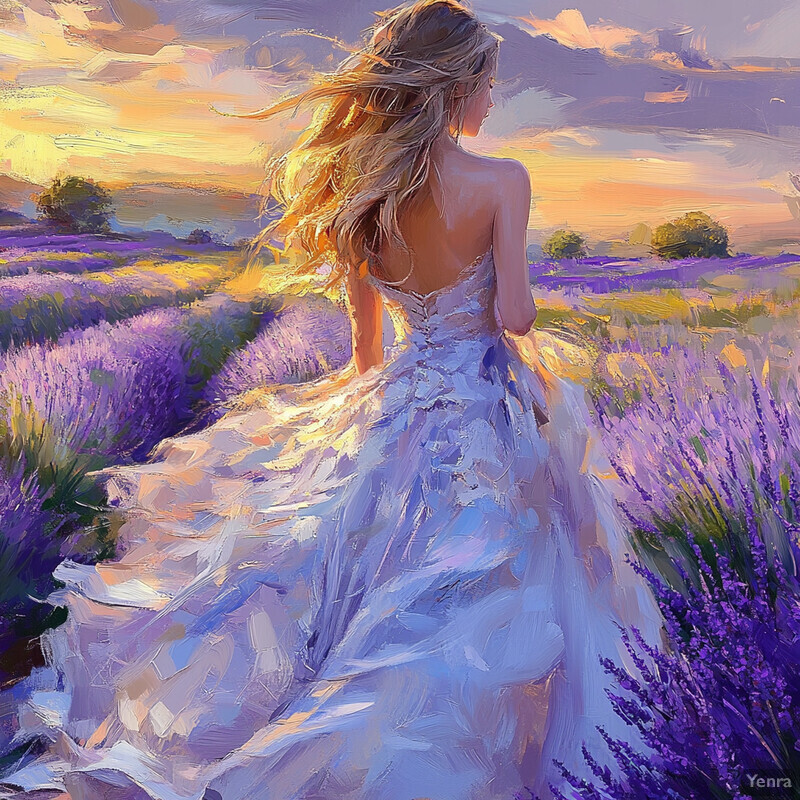 A woman in a white dress walks through a field of lavender at sunset