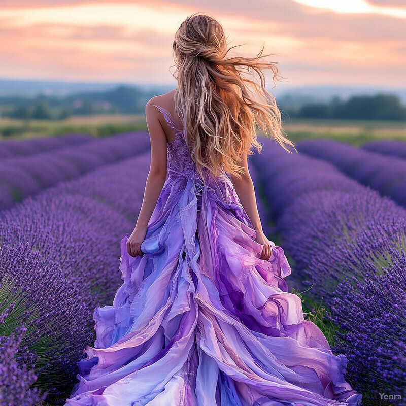 A woman in a purple dress walks through a field of lavender at sunset