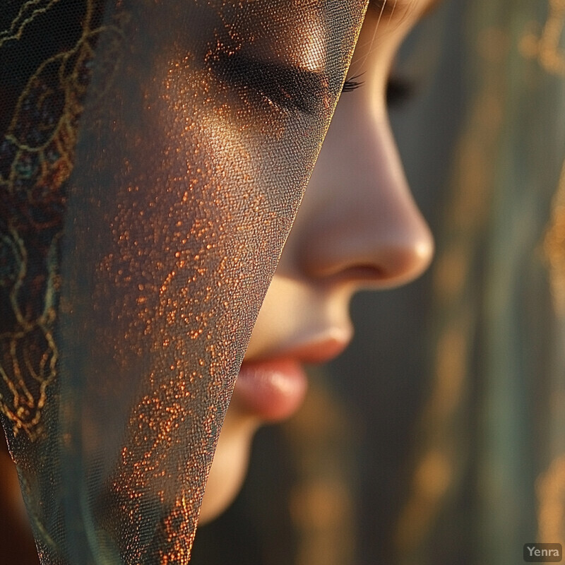 A woman's profile, partially concealed by an embroidered veil, exudes elegance and mystery in this intimate portrait.