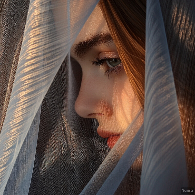 A young woman with long brown hair and light skin gazes downward through white fabric draped across her face in diagonal lines.