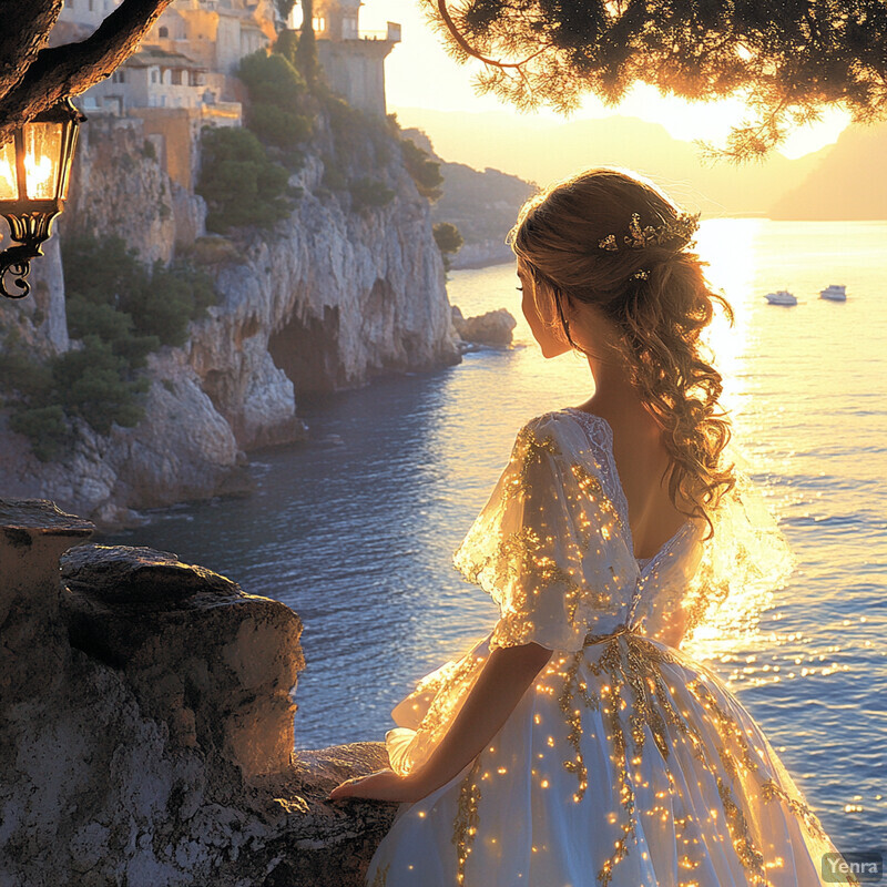 A woman stands on a cliff overlooking the ocean, dressed in an elegant white dress with gold accents.