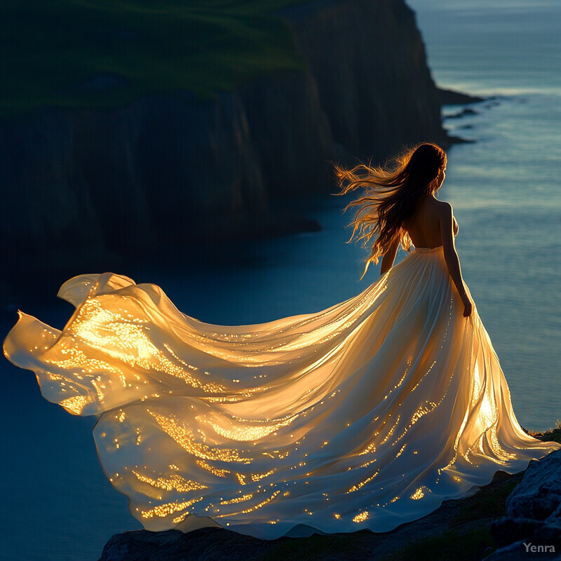 A woman in a flowing white dress stands on a cliff overlooking the ocean at sunset or sunrise.