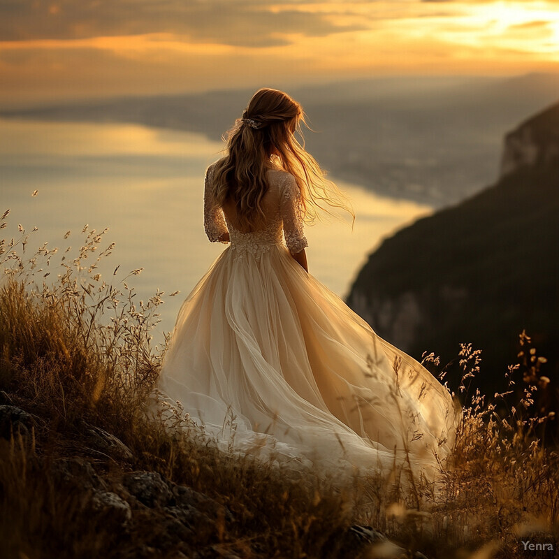 A woman in a wedding dress stands on a cliff overlooking the ocean at sunset.