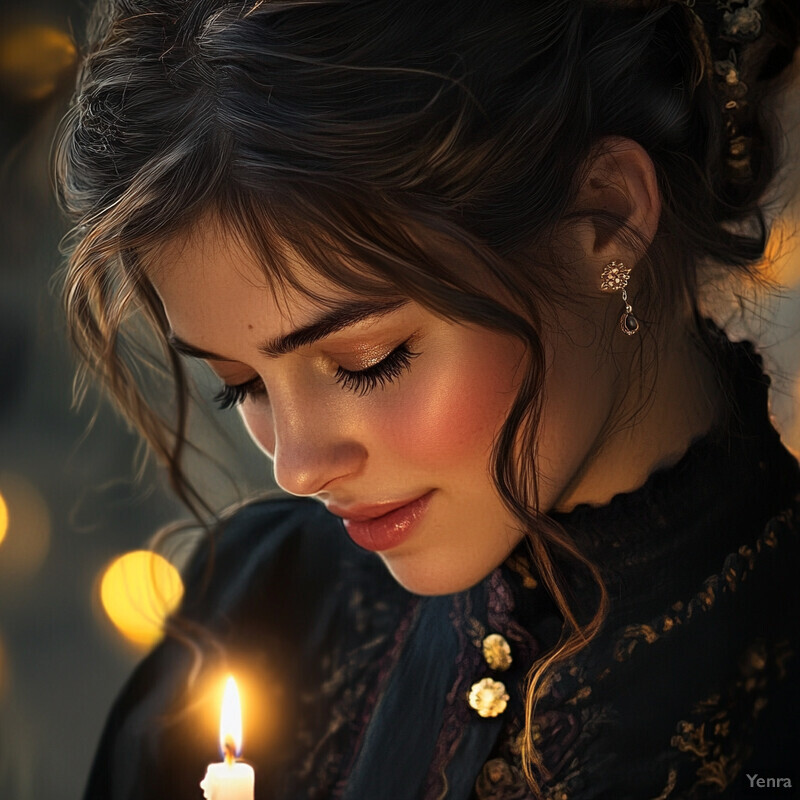 A young girl with long brown hair holds a lit candle in a black dress, exuding peace and serenity.