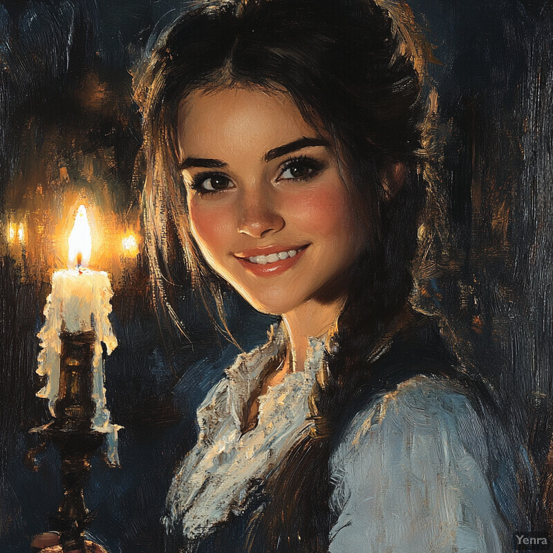 A woman with long brown hair and a white lace top holds a lit candle in a dark room.