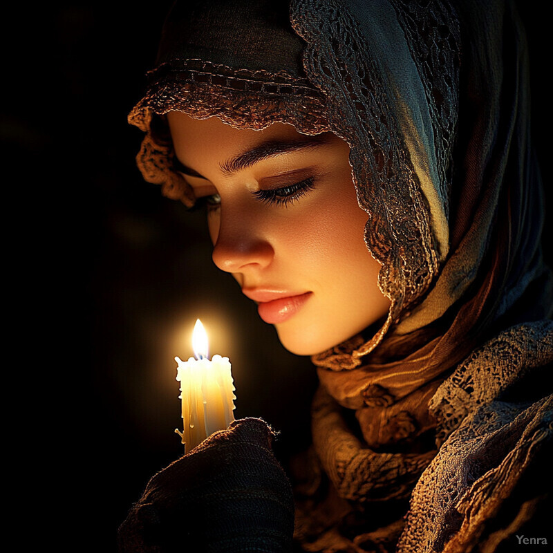 A woman wearing a headscarf holds a lit candle in her hand, exuding an air of contemplation and reverence.