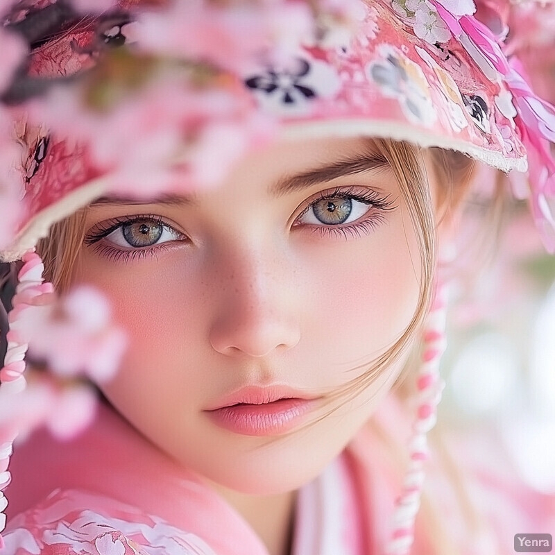 A young girl with blonde hair and blue eyes wears a pink floral hat and top amidst a backdrop of blurred pink flowers on a bright and sunny day.