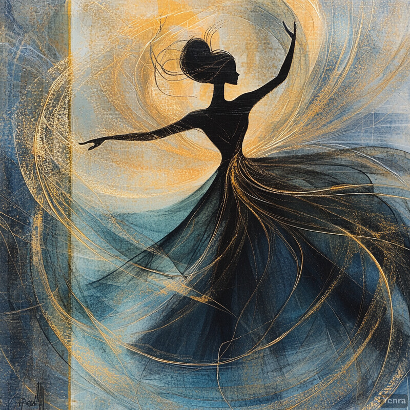 A woman dancing in a flowing dress against an abstract background