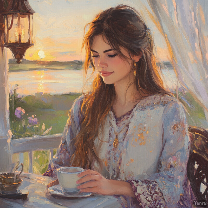 A woman enjoys a cup of coffee or tea on her home's porch as the sun sets in the background.