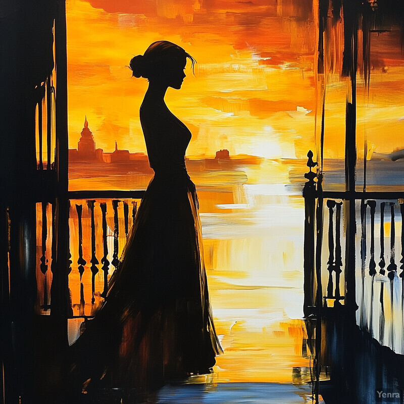 Woman standing on balcony at sunrise/sunset