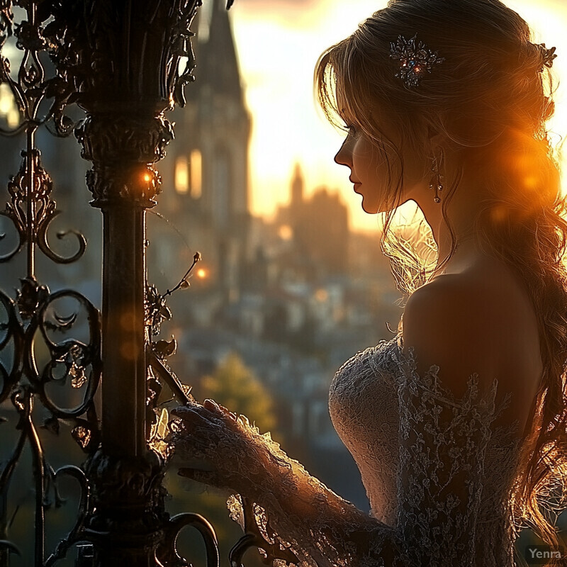 A woman in a wedding dress stands on a balcony overlooking a cityscape at sunset.