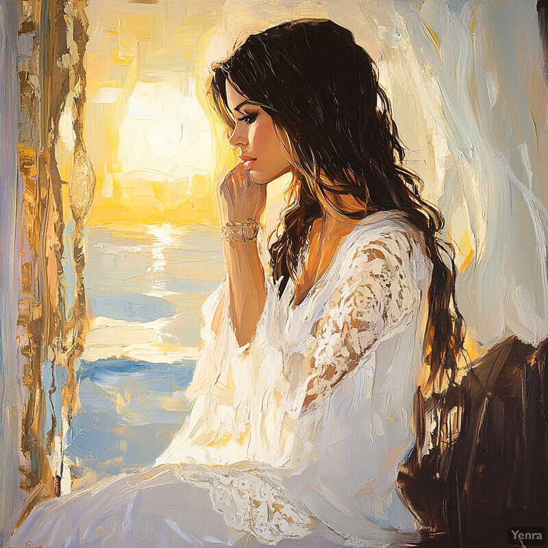 A woman sits by a window, gazing out at the ocean with a thoughtful expression.