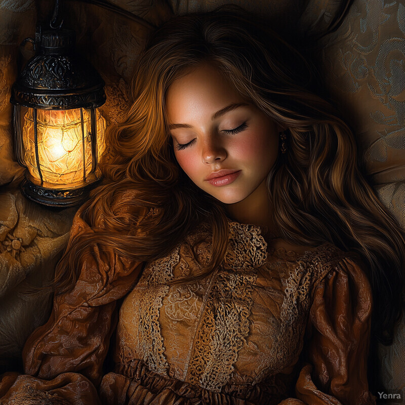 A serene scene of a woman sleeping peacefully on a couch or bed, surrounded by soft lighting and warm colors.