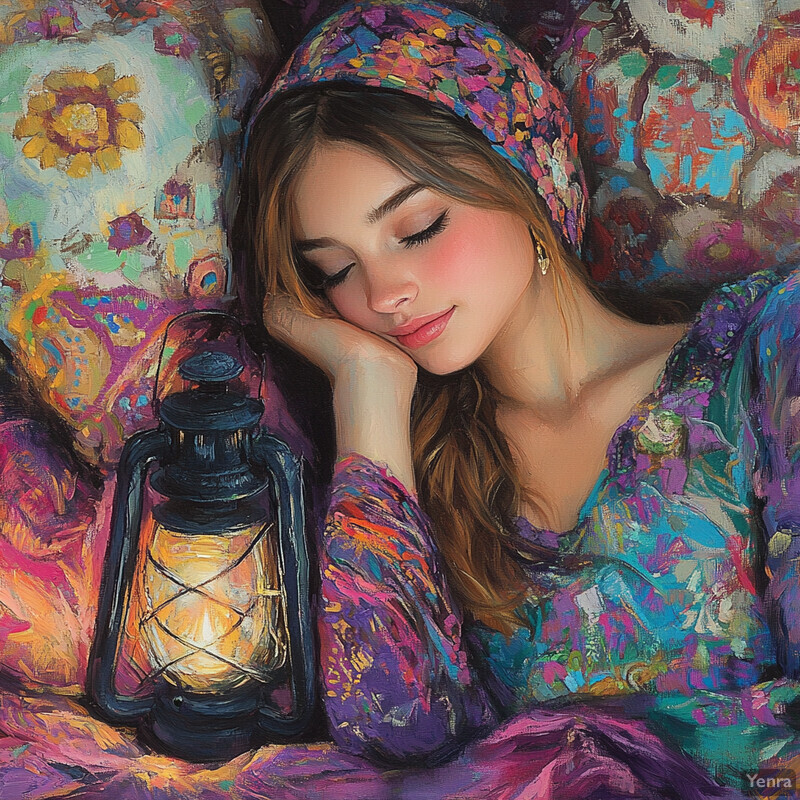 A woman sleeps peacefully next to a lantern in this serene painting