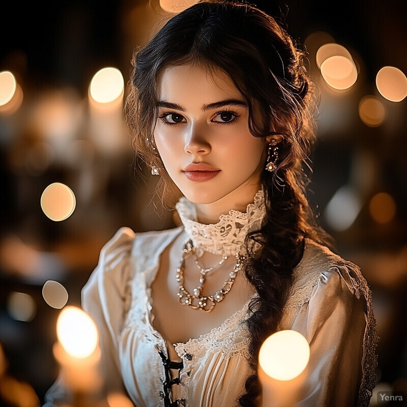 A young woman with long dark hair and a white lace top holding a lit candle in front of her.