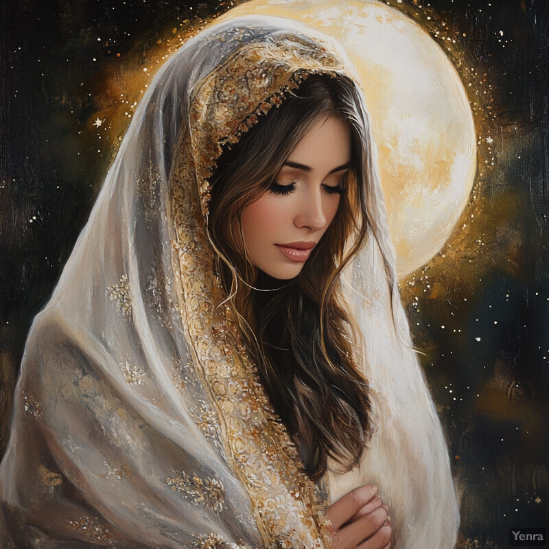 A serene and mystical image of a woman in white robes, praying or contemplating in front of a subtle nature background.