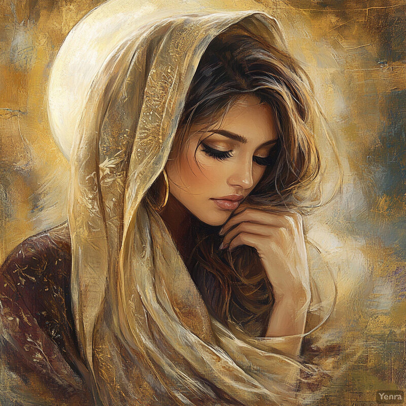 A serene and contemplative portrait of a woman with her head bowed and eyes closed, surrounded by soft light and muted earthy tones.