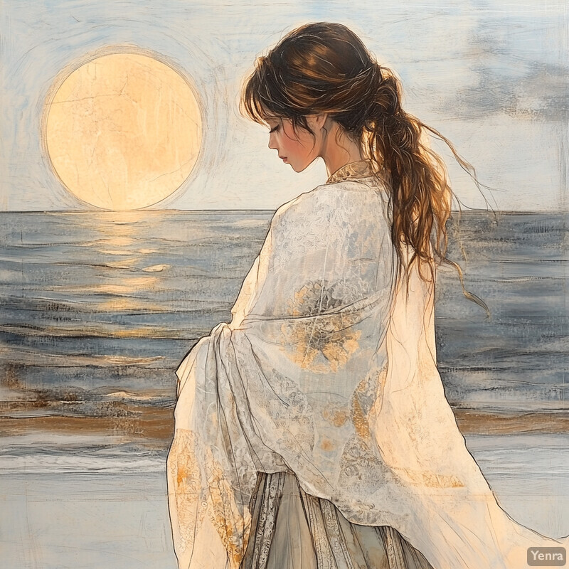 A serene and dreamy scene of a woman on a beach at sunset or sunrise