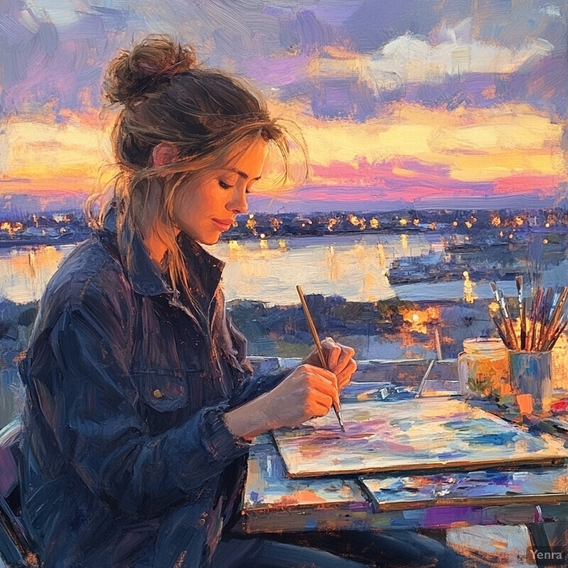 A woman paints at an easel with a vibrant canvas featuring a yellow sunburst pattern in a blurred cityscape setting.