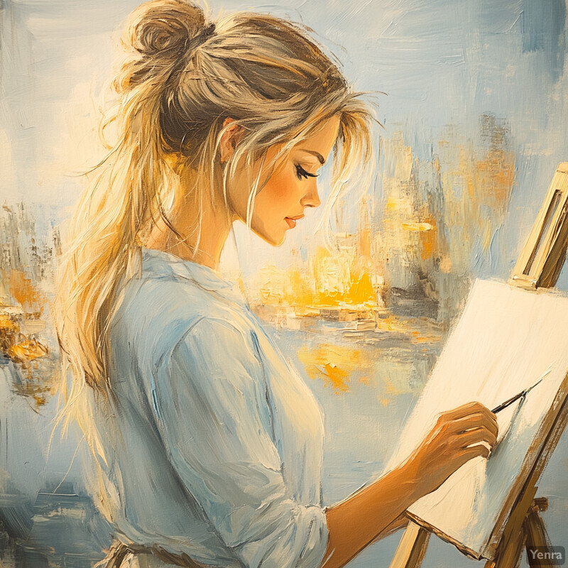 A young woman with long blonde hair paints on a canvas in front of an easel against a blurred city backdrop