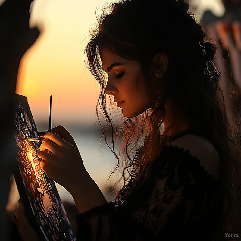 An artist painting outdoors at sunset