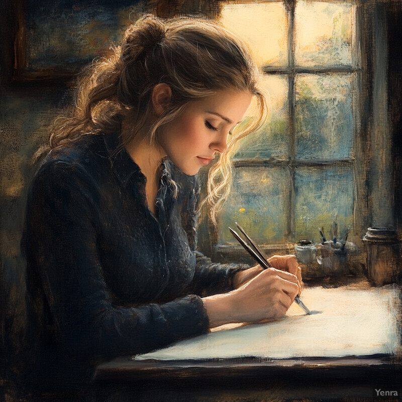 A woman sits at a desk, creating art with a pen or pencil, surrounded by natural light from a large window.