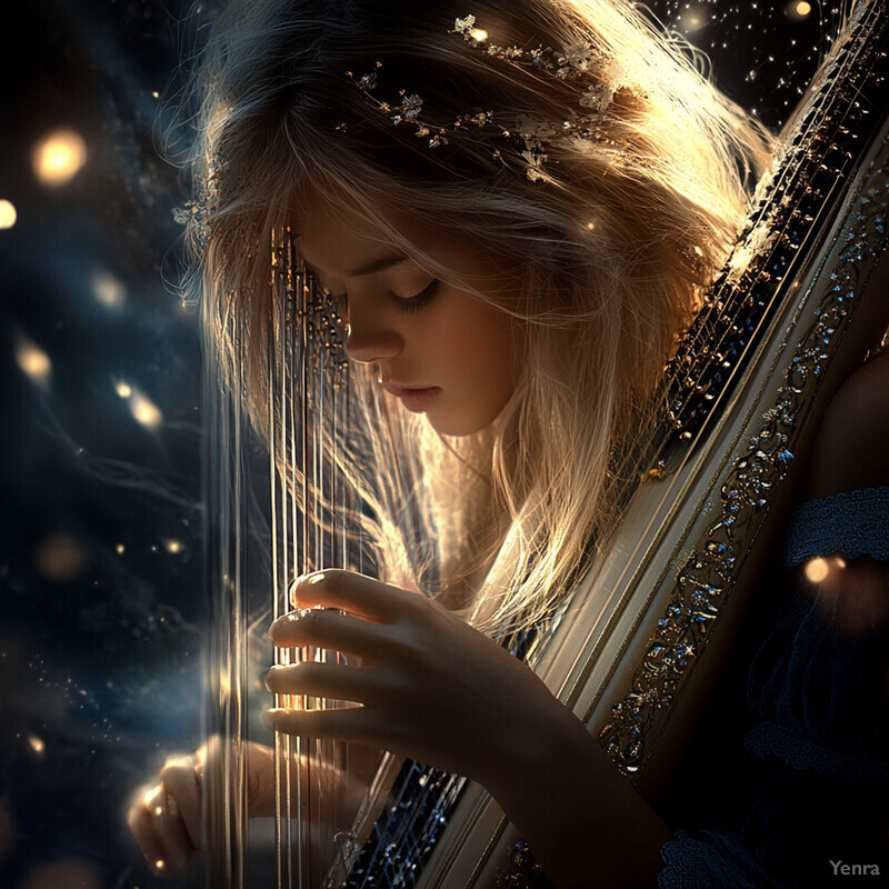 A woman plays a harp in an outdoor setting