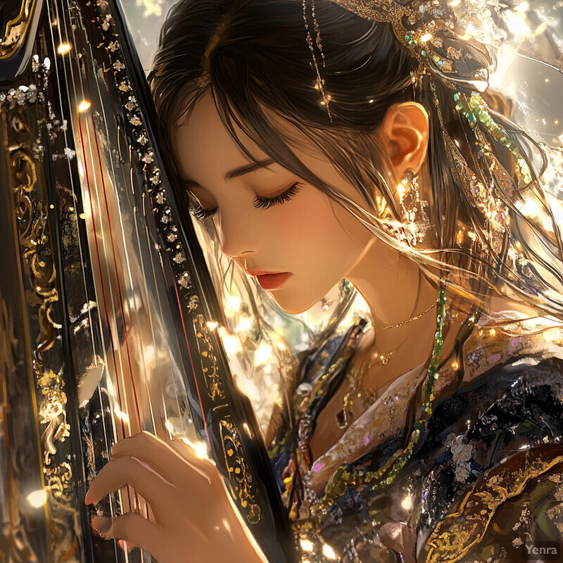 A serene scene of a woman playing a harp surrounded by an ethereal glow.