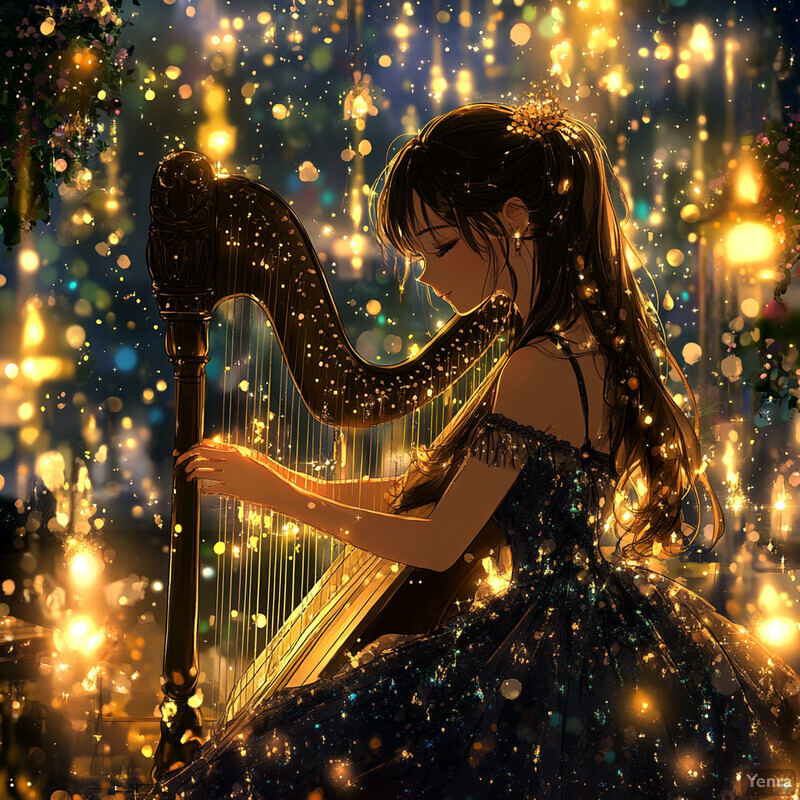 A woman plays a harp in a magical setting