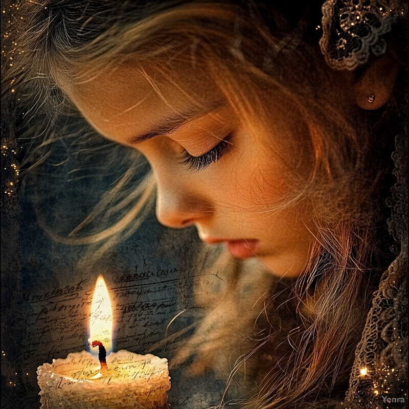 A young girl gazes down at a lit candle in a blurred room setting.