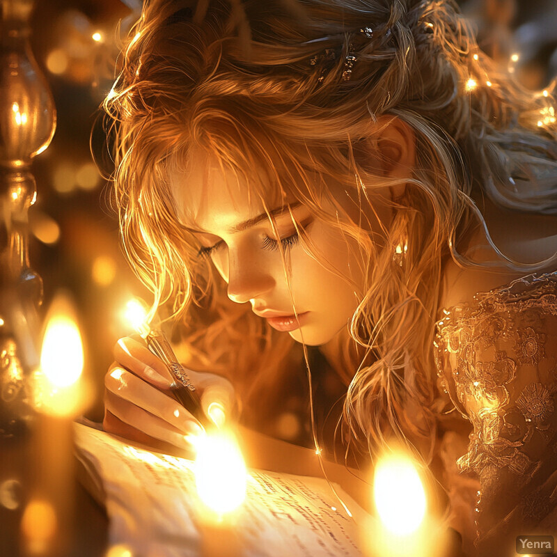 A young girl with long blonde hair focuses on writing in a notebook, surrounded by warm lighting that evokes a cozy atmosphere.